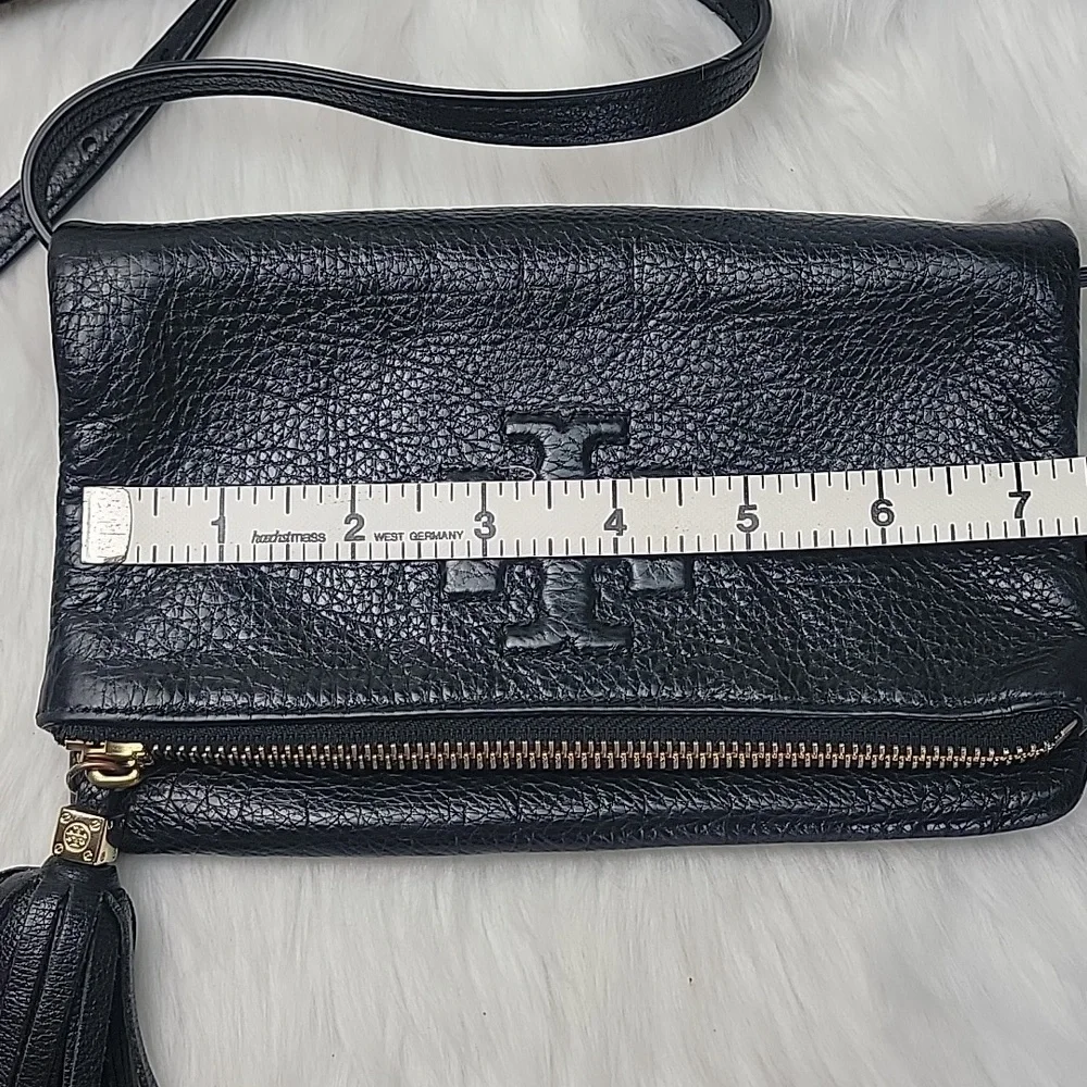 TORY BURCH‎ Thea Black Pebble Grain Fold Over Mini Date Designer Crossbody Bag